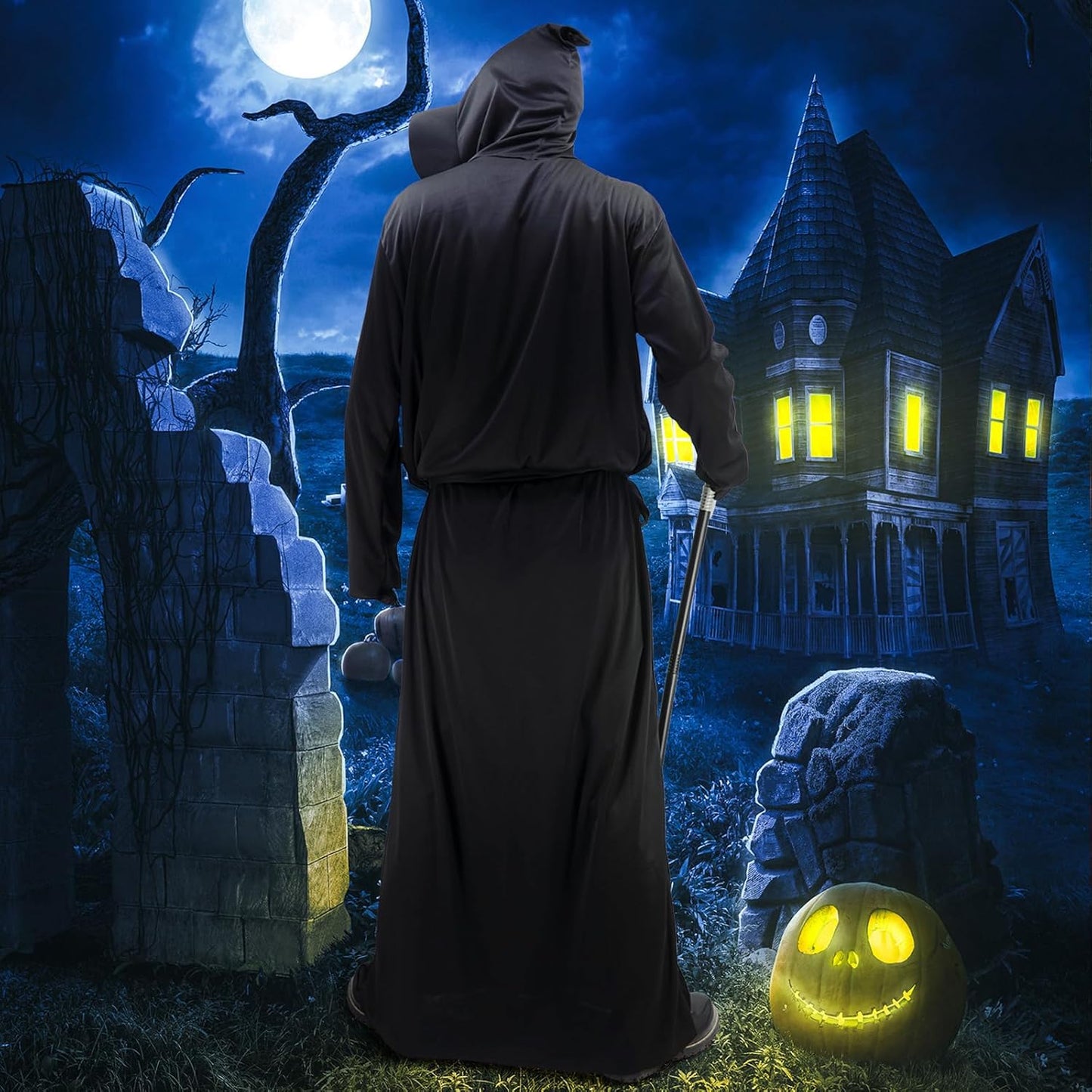 Grim Reaper Costume Set Hooded Robe Cloak Cape Halloween Cosplay