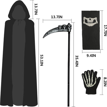 Grim Reaper Costume Set Adult Unisex Cape Scythe Mask Gloves