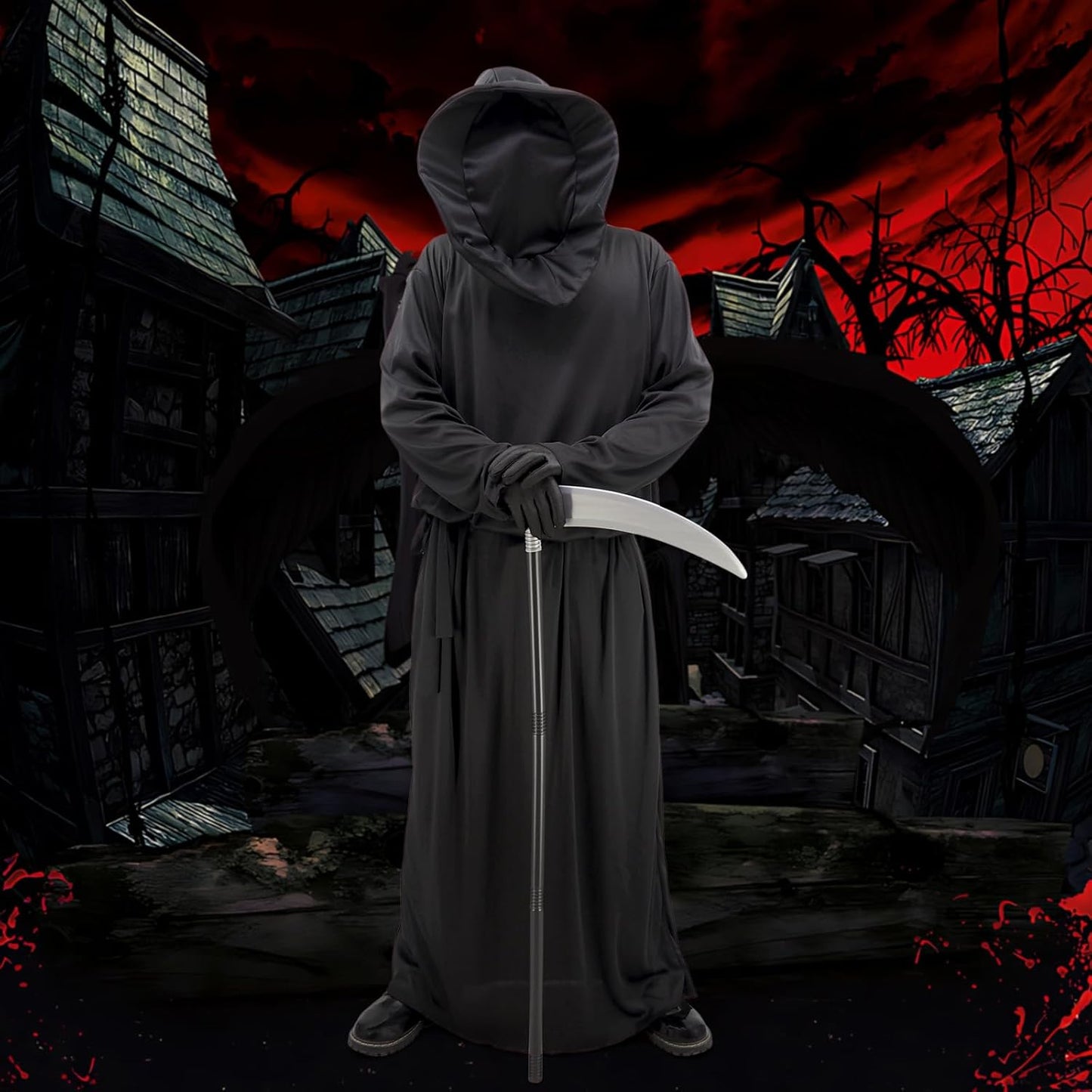 Grim Reaper Costume Set Hooded Robe Cloak Cape Halloween Cosplay