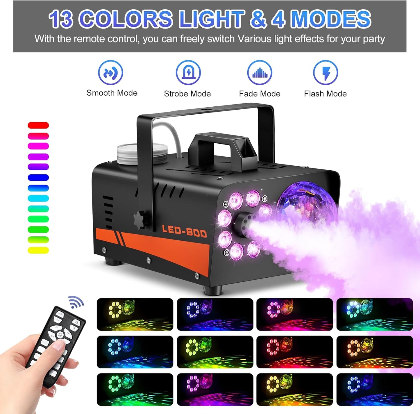 Fog Machine with LED Lights and Wireless Remote Control 600W 3000CFM